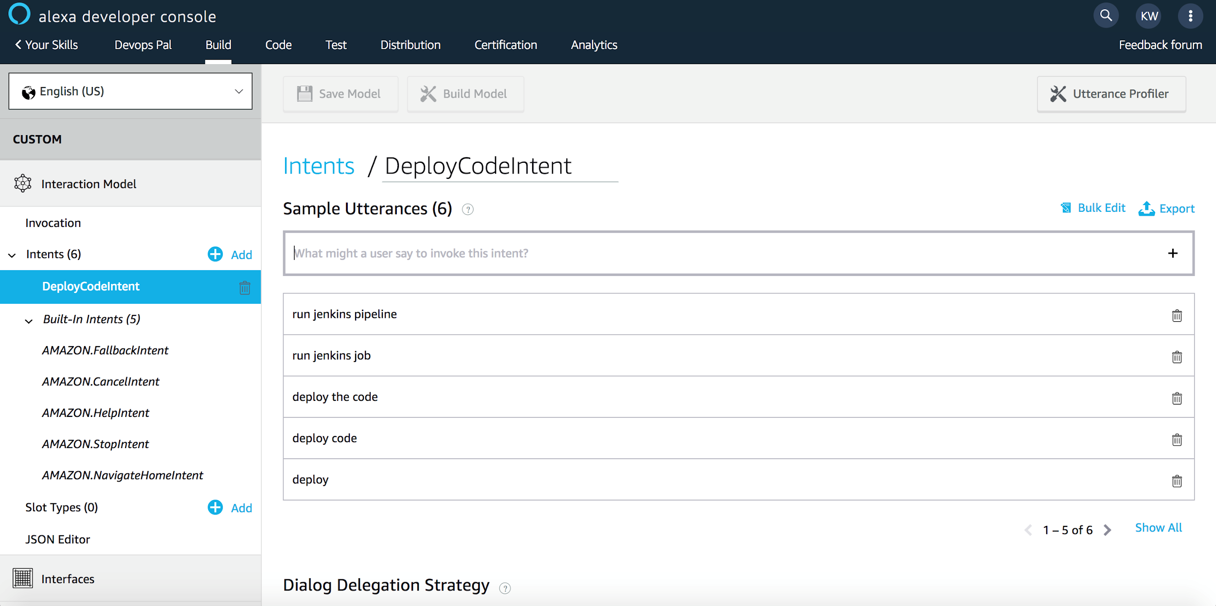 Utterances for DeployCodeIntent Via Alexa Developer Console